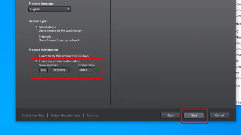 Tải AutoCad 2013: Hướng Dẫn Cài Đặt Chi Tiết Nè 14 Nhập Serial Number: 666-69696969, Product key: 001E1, và bấm Next