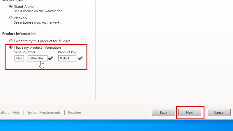 Autocad 2015: Xem video cài đặt thành công 15 Nhập vào Serial number: 666-69696969, Product key: 001G1, và bấm Next