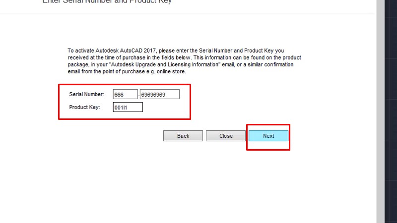 Nhập Serial Number: 666-69696969, Product key: 001I1, và bấm Next